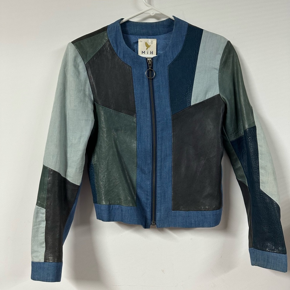 Anthropologie M.i.H Color Block Leather Jacket Denim Panels Blue Size XS